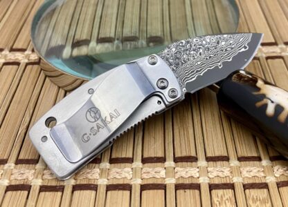 G.Sakai Japan Beautiful BLUE WAVE Damascus Framelock Knife w/Pocket Clip - Image 2