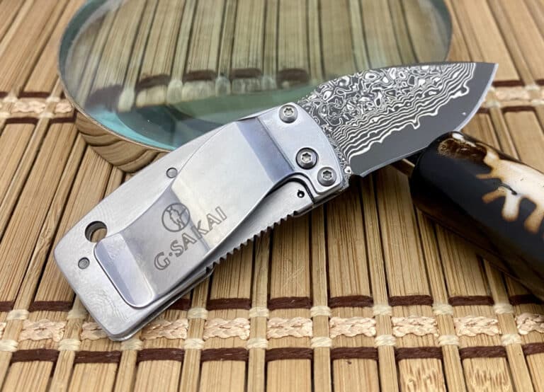 G.Sakai Japan Beautiful BLUE WAVE Damascus Framelock Knife w/Pocket Clip - Image 2