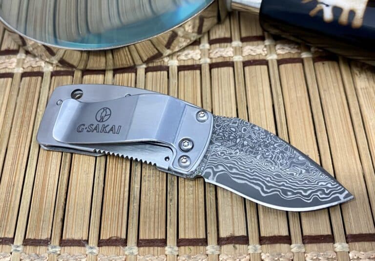 G.Sakai Japan Beautiful BLUE WAVE Damascus Framelock Knife w/Pocket Clip - Image 3