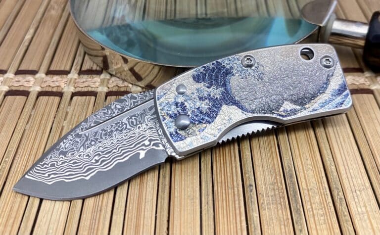 G.Sakai Japan Beautiful BLUE WAVE Damascus Framelock Knife w/Pocket Clip - Image 4