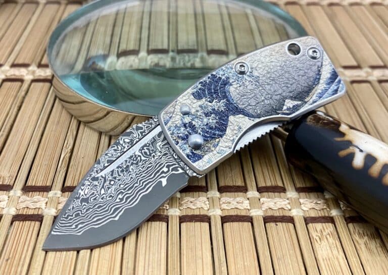 G.Sakai Japan Beautiful BLUE WAVE Damascus Framelock Knife w/Pocket Clip