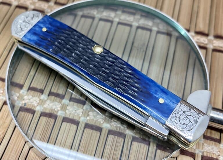 Case XX USA Amazing Custom BLUE Bone Scrolled Trapper Pocket Knife - Image 3