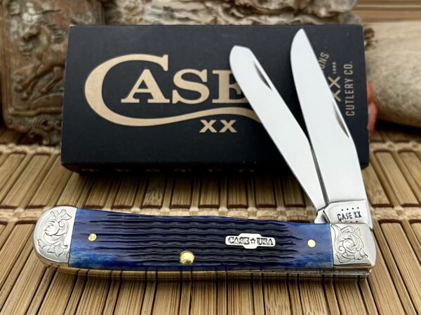Case XX USA Amazing Custom BLUE Bone Scrolled Trapper Pocket Knife