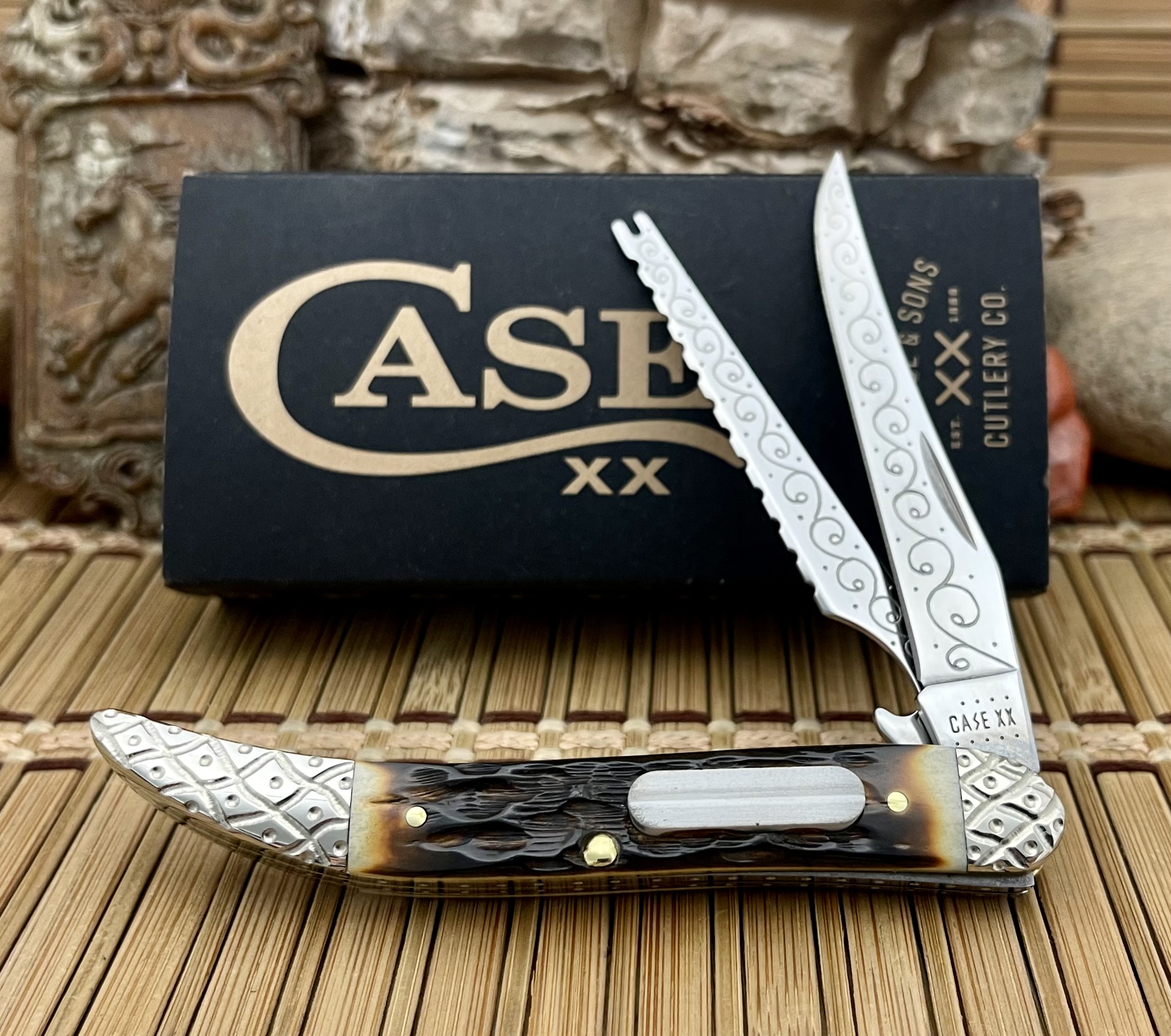 Case XX Amazing Custom Hand-Fired Peachseed AMBER Bone Fishing Knife #07 –  Wild Horse Custom Knives