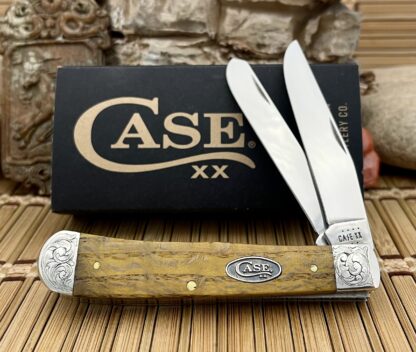 Case XX USA Beautiful Custom Yellow Curly Oak Scrolled Trapper Knife