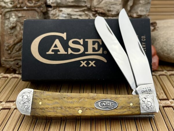 Case XX USA Beautiful Custom Yellow Curly Oak Scrolled Trapper Knife