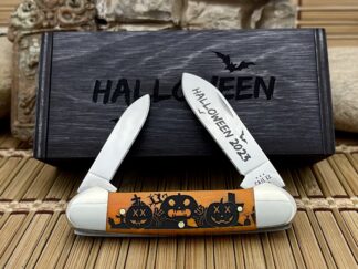 Case XX USA 2023 Persimmon Bone HALLOWEEN Pumpkin & Bat Canoe Knife /Display Box