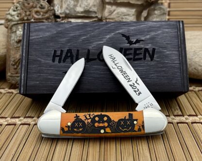 Case XX USA 2023 Persimmon Bone HALLOWEEN Pumpkin & Bat Canoe Knife /Display Box