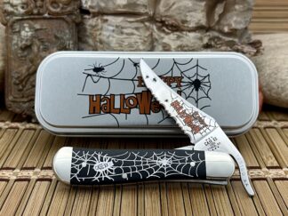 Case XX USA 2023 Black HALLOWEEN Spider & Web Artwork Russlock Knife w/Tin
