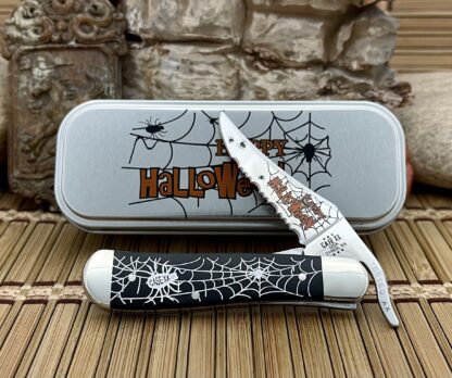 Case XX USA 2023 Black HALLOWEEN Spider & Web Artwork Russlock Knife w/Tin