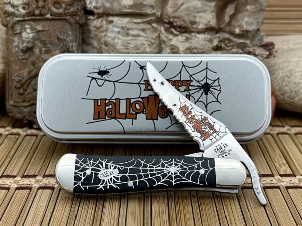 Case XX USA 2023 Black HALLOWEEN Spider & Web Artwork Russlock Knife w/Tin