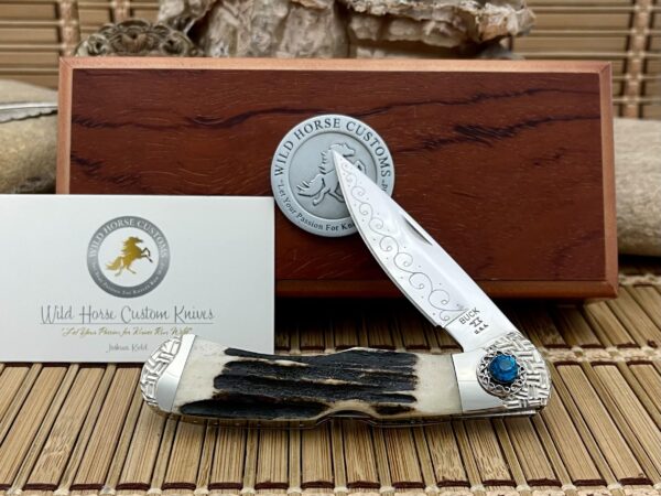 Buck 532 Wild Horse Custom Stag Engraved Bucklock Knife w/Sapphire Swarvoski #1