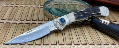 Buck 532 Wild Horse Custom Stag Engraved Bucklock Knife w/Sapphire Swarvoski #1 - Image 4