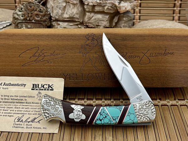 Buck 110 Yellowhorse Green Web Turquoise & Jasper 25 Years Folding Hunter Knife