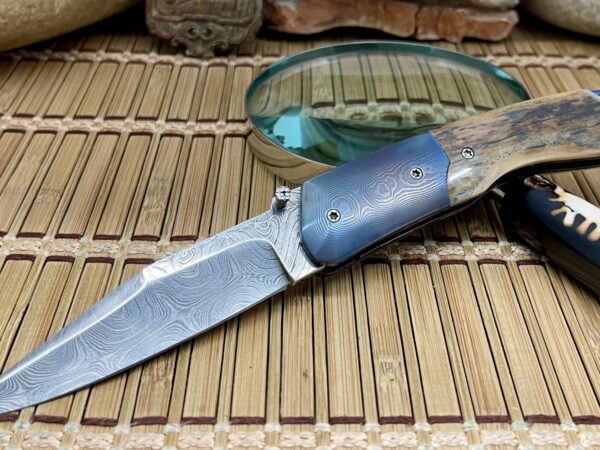 Stephen Olszewski Blue Mammoth Fossil Anodized Blue Mosaic Damascus Linerlock Knife