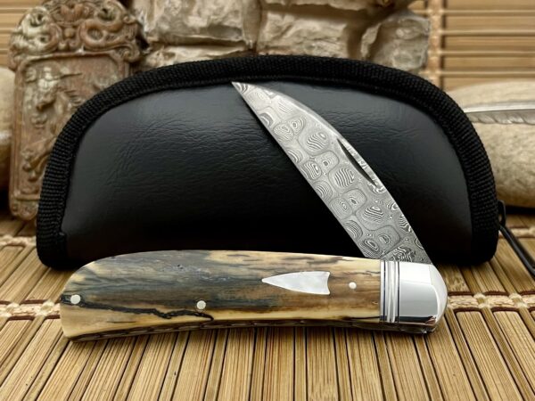 David R. Davis Trammell Creek Mammoth Fossil & Pearl Damascus Large Swayback Jack Knife