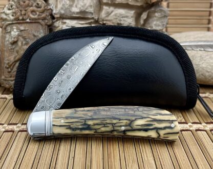 David R. Davis Trammell Creek Mammoth Fossil & Pearl Damascus Large Swayback Jack Knife - Image 2