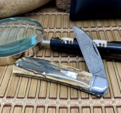 David R. Davis Trammell Creek Mammoth Fossil & Pearl Damascus Large Swayback Jack Knife - Image 4