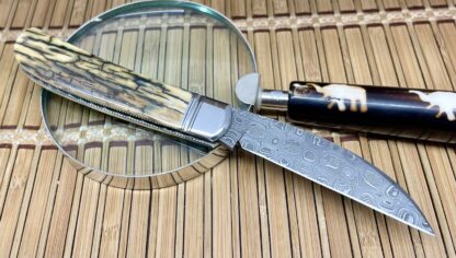 David R. Davis Trammell Creek Mammoth Fossil & Pearl Damascus Large Swayback Jack Knife - Image 6