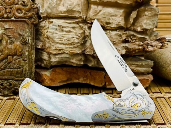 Tommy Overeynder Custom Mother of Pearl 24KT Jim Blair Engraved Interframe Lockback Knife