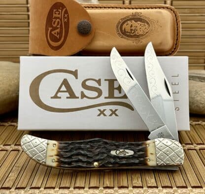 Case XX Amazing Custom Hand-Fired Peachseed AMBER Bone Folding Hunter Knife #9