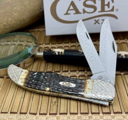 Case XX Amazing Custom Hand-Fired Peachseed AMBER Bone Folding Hunter Knife #9 - Image 3