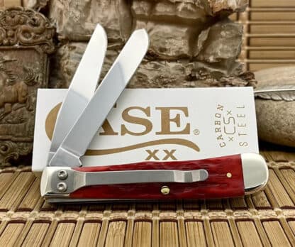 Case XX USA Peachseed Dark Red Bone 31957 Carbon Trapper Pocket Knife w/ Clip