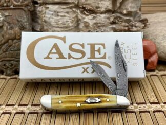 Case XX USA 2023 Burnt Goldenrod Bone Raindrop Damascus Peanut Pocket Knife