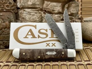 Case XX USA 2024 Natural Maple Burl 15091 Ladder Damascus Mini Trapper Knife
