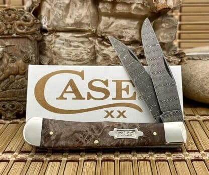 Case XX USA 2024 Natural Maple Burl 15090 Damascus Wharncliffe Trapper Knife