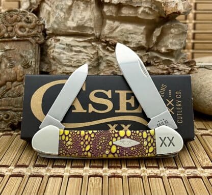 Case XX USA 2023 Yellow Bone Purple Edition Lizard Skin Canoe Pocket Knife