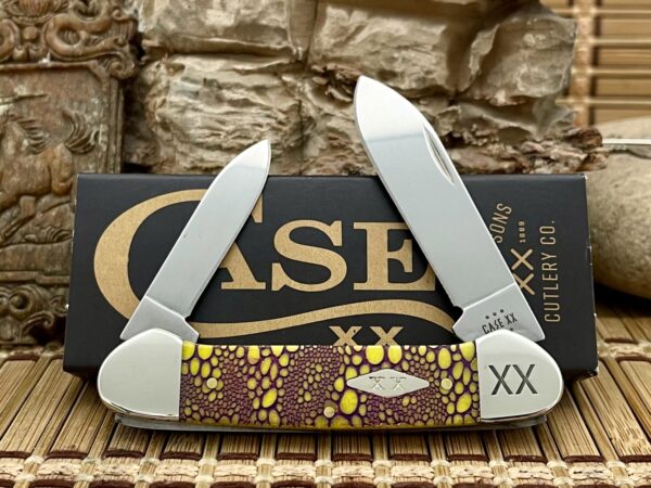 Case XX USA 2023 Yellow Bone Purple Edition Lizard Skin Canoe Pocket Knife