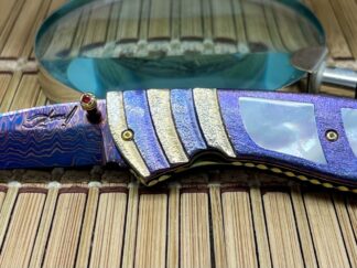 Suchat Jangtanong Custom Mother of Pearl Anodized Titanium Blue Damascus Steel Art Knife