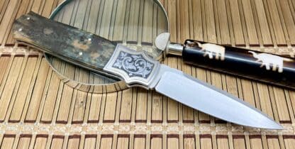 W.D. Pease Custom 24KT Inlaid Engraved Fluted Mammoth Fossil ATS-34 Side Lock Knife - Image 4