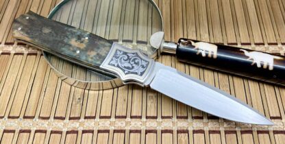 W.D. Pease Custom 24KT Inlaid Engraved Fluted Mammoth Fossil ATS-34 Side Lock Knife - Image 4