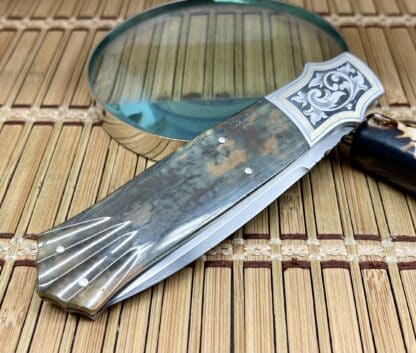 W.D. Pease Custom 24KT Inlaid Engraved Fluted Mammoth Fossil ATS-34 Side Lock Knife - Image 7