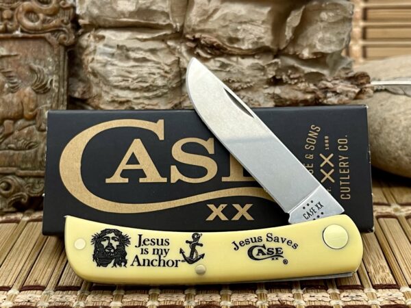 Case XX USA Yellow Anchored In Christ / Jesus Saves Sod Buster Jr Knife NEW