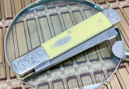 Case XX USA Fantastic Custom Smooth Yellow Scrolled Razor Barlow Knife - Image 2