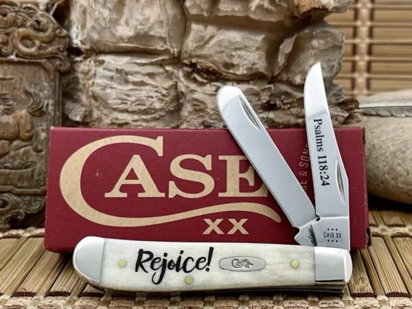 Case XX USA 2024 Natural Bone 60865 Rejoice Psalm 118:24 Religious Mini Trapper Knife