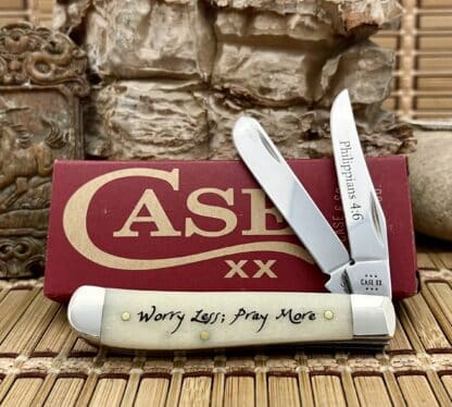 Case XX USA 2024 Natural Bone 60869 Phillippians 4:6 Religious Mini Trapper Knife