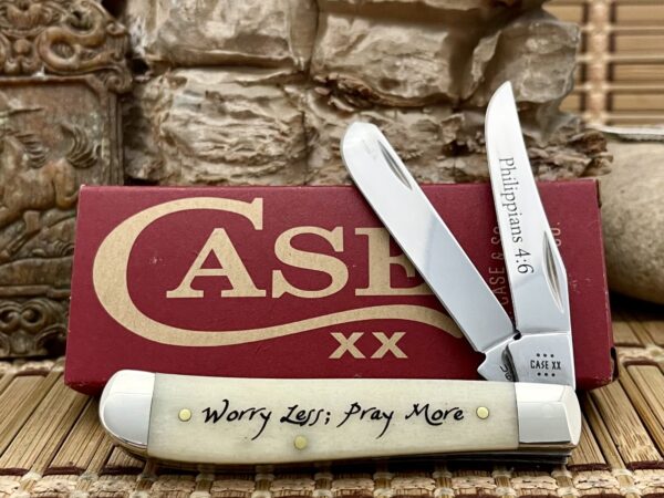 Case XX USA 2024 Natural Bone 60869 Phillippians 4:6 Religious Mini Trapper Knife
