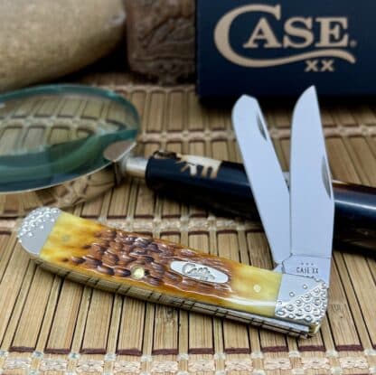 Case XX USA Stunning Custom Peachseed Amber Bone Engraved Trapper Knife - Image 2