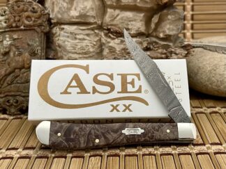 Case XX USA 2024 Natural Maple Burl 15096 Ladder Damascus Slimline Trapper Knife