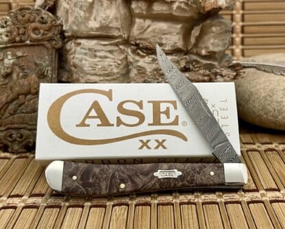 Case XX USA 2024 Natural Maple Burl 15096 Ladder Damascus Slimline Trapper Knife