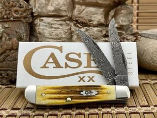 Case XX USA 2023 Burnt Goldenrod Bone Raindrop Damascus Mini Trapper Pocket Knife