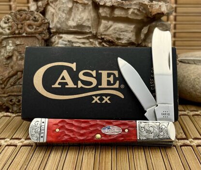 Case XX USA Custom Dark Red Bone Patriotic Scrolled Razor Barlow Knife