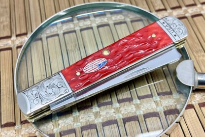 Case XX USA Custom Dark Red Bone Patriotic Scrolled Razor Barlow Knife - Image 2