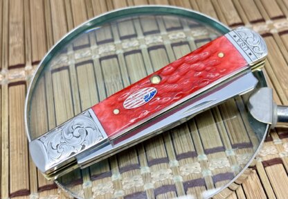 Case XX USA Custom Dark Red Bone Patriotic Scrolled Razor Barlow Knife - Image 2
