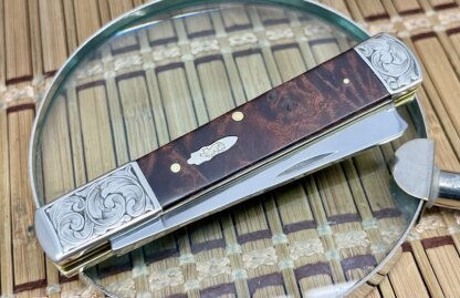 Case XX USA Custom Brown Maple Burl Scrolled Razor Barlow Knife - Image 2