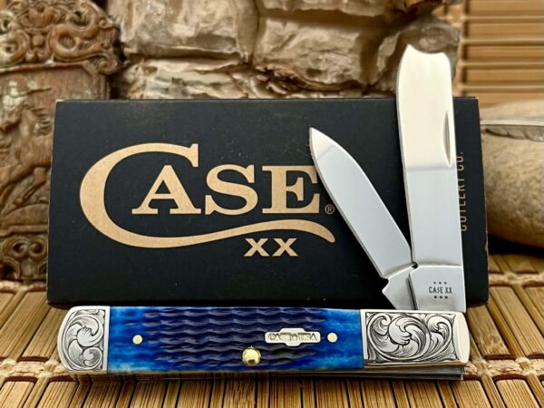 Case XX USA Custom Blue Bone Scrolled Razor Barlow Knife